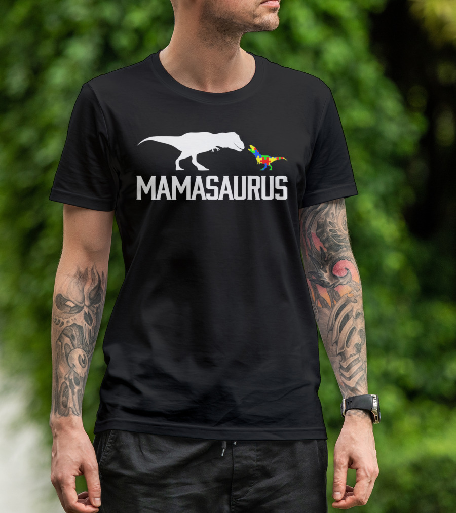 Mamasaurus Dinosaur Autism Mom Puzzle Piece T-Shirt