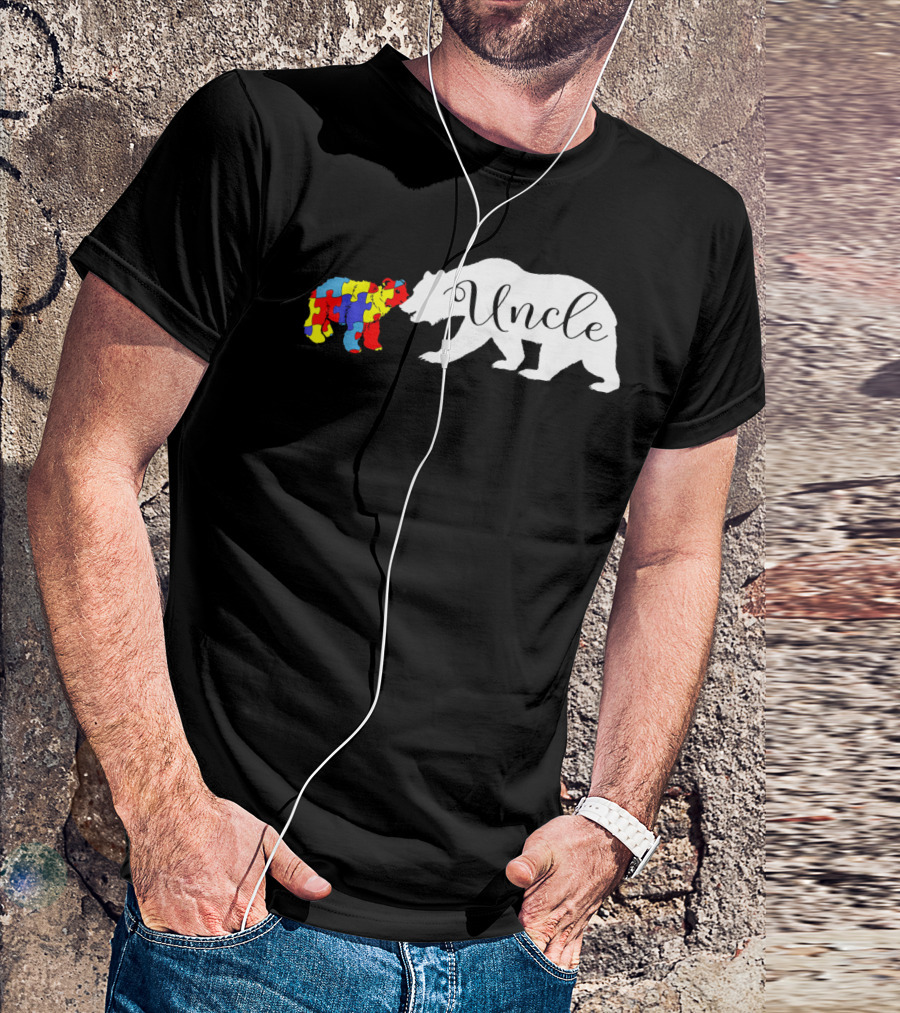 Uncle Bear With Autism Puzzle Bear Design For Awareness Month T-Shirt