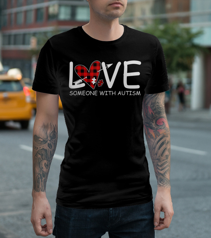 Love Someone With Autism Red Plaid Heart Puzzle Piece T-Shirt
