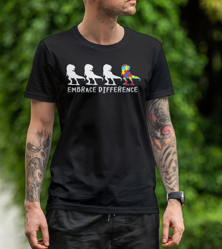 Autism Awareness Dinosaur Embrace Difference Puzzle T-Rex T-Shirt