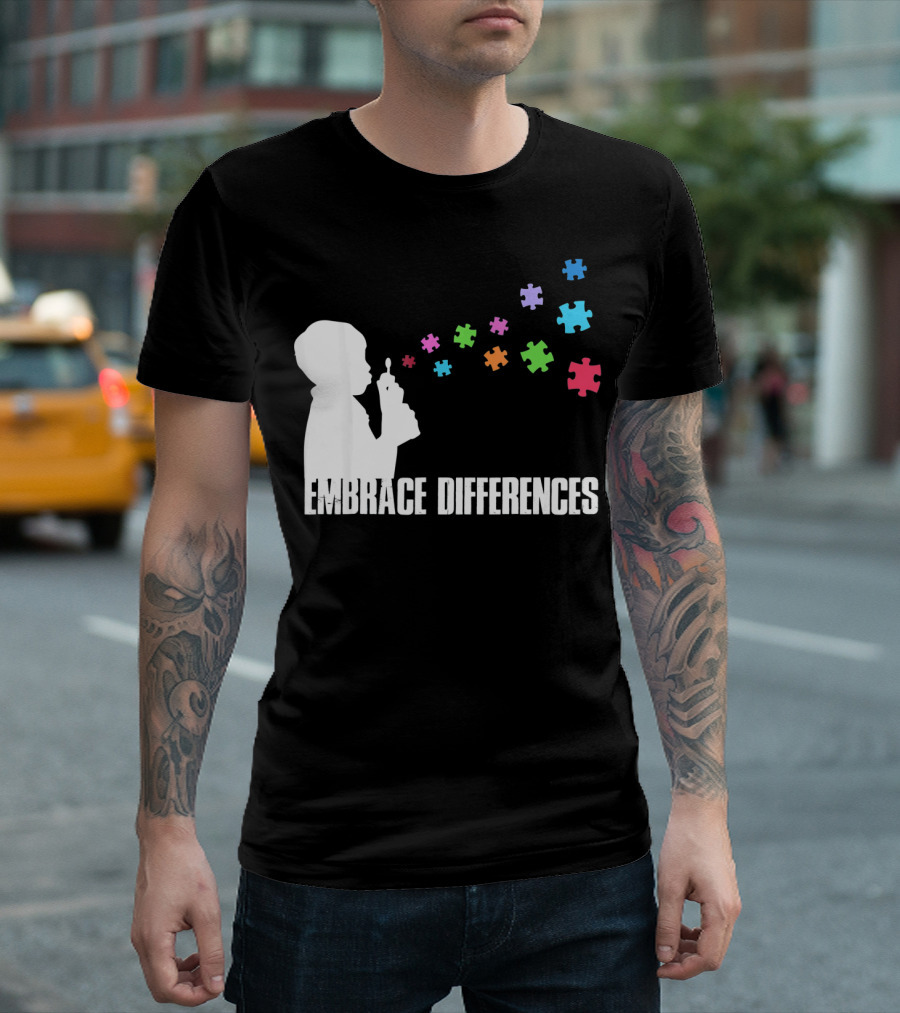 Embrace Differences Support Auti Autism Puzzle Pieces Bubbles T-Shirt