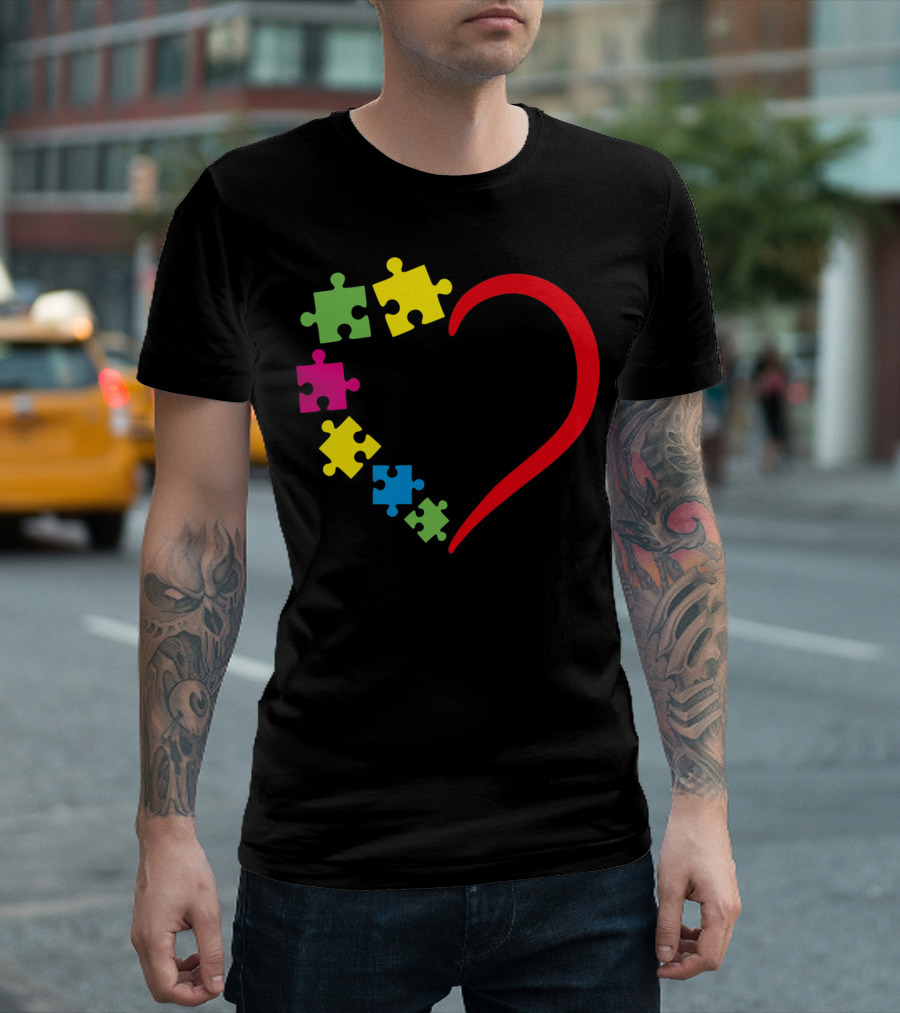 Love Ribbon Heart Puzzle Autism Awareness T-Shirt