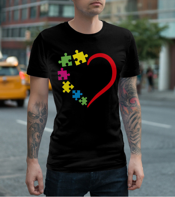Love Ribbon Heart Puzzle Autism Awareness T-Shirt