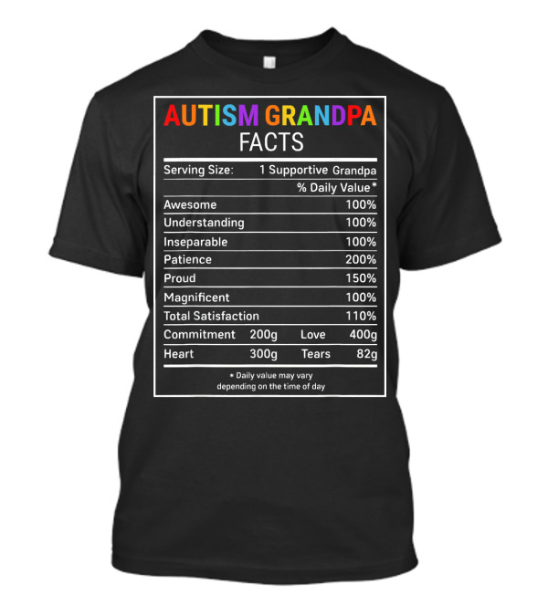 Autism Grandpa Facts Serving Size Supportive Awesomeness Understanding Patience T-Shirt