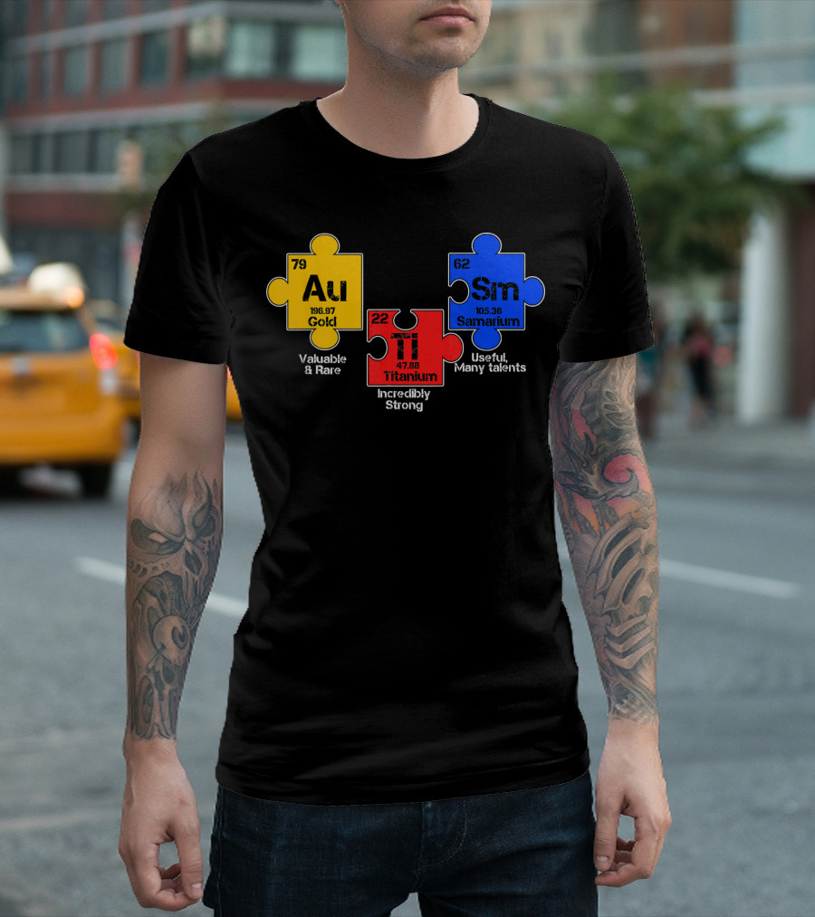 Autism Awareness Day Puzzle Chemical Elements Au Gold Ti Titanium Sm Samarium T-Shirt