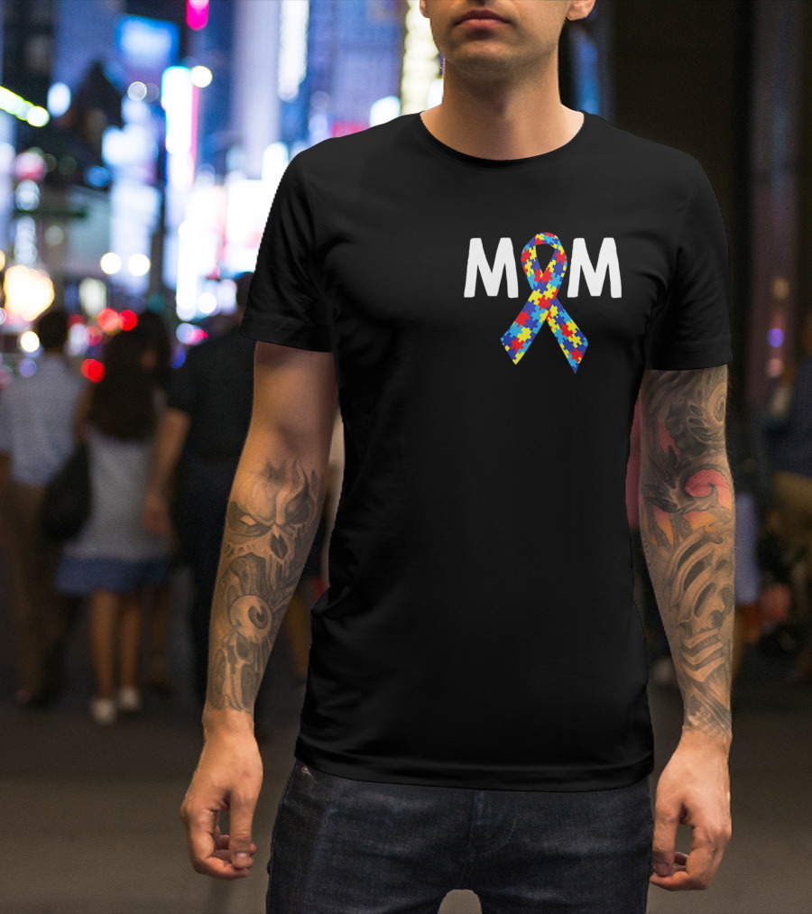MOM Autism Puzzle Ribbon Awareness T-Shirt
