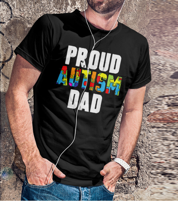 Proud Autism Dad Colorful Puzzle Piece Autism Awareness T-Shirt