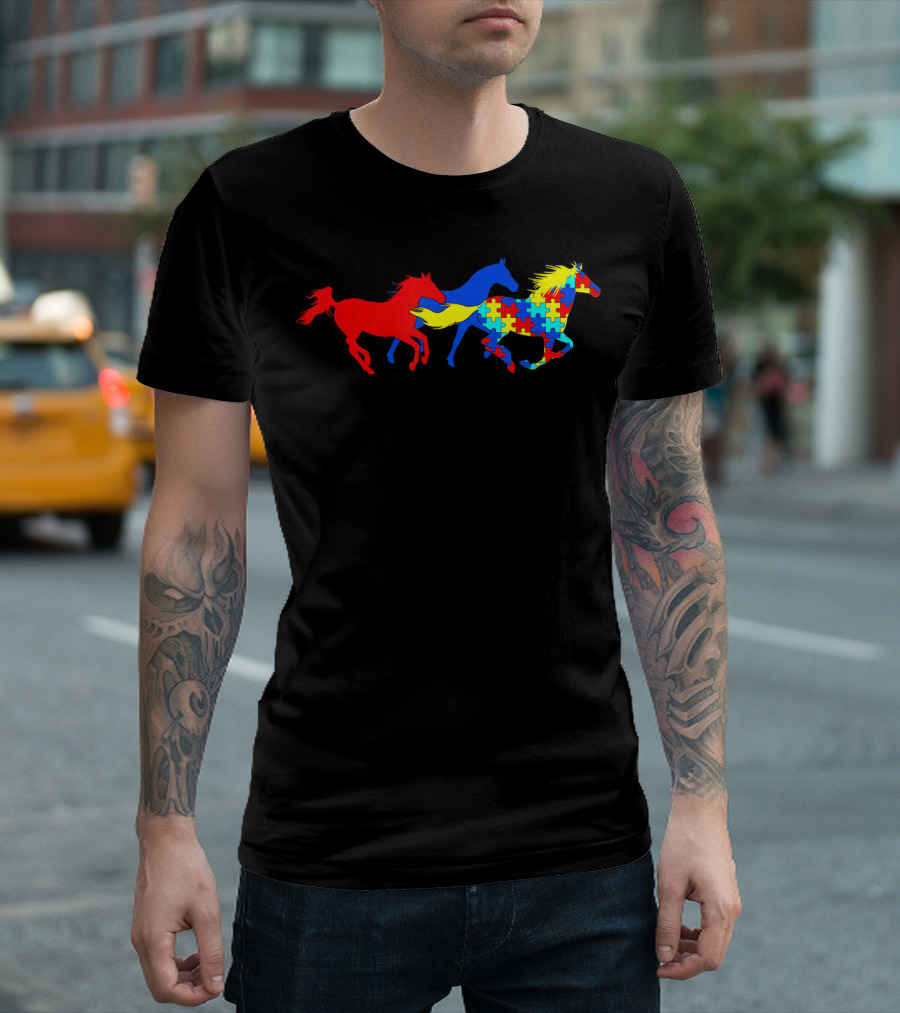 Autism Awareness Colorful Puzzle Horses Running T-Shirt