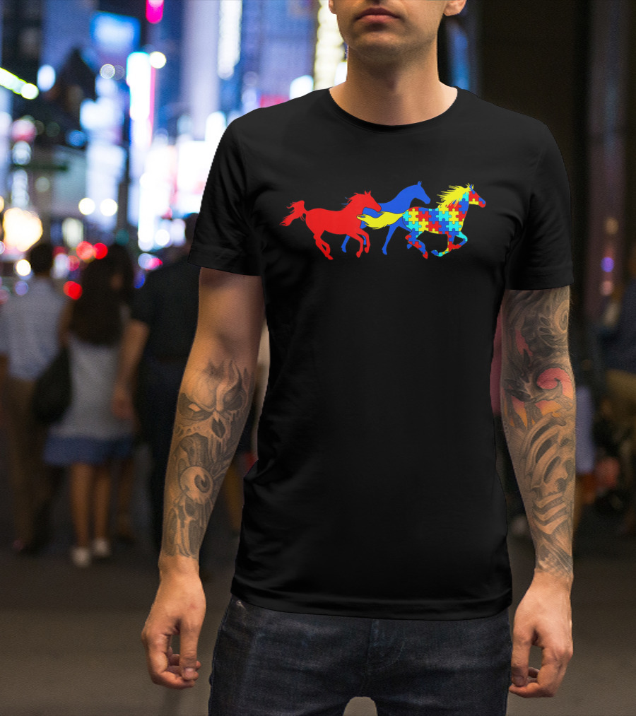 Autism Awareness Colorful Puzzle Horses Running T-Shirt