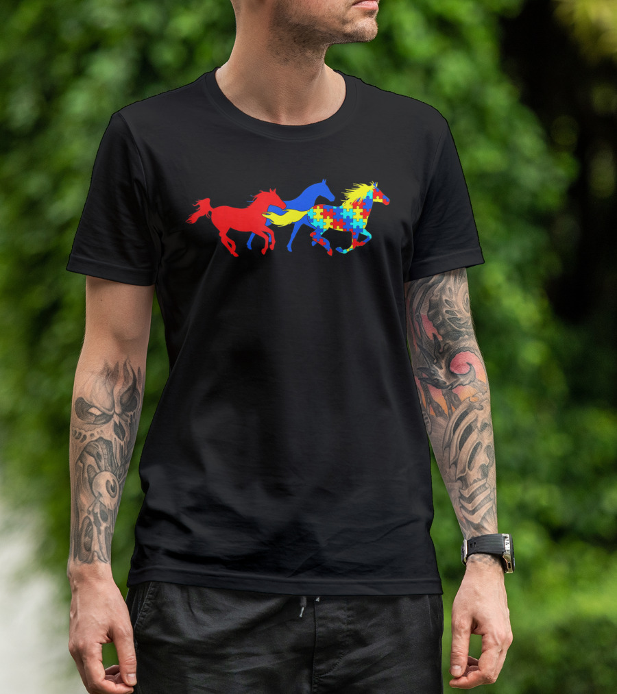 Autism Awareness Colorful Puzzle Horses Running T-Shirt