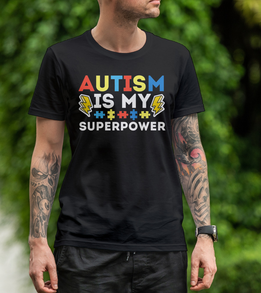 Kids Autism Awareness Autism Is My Superpower Puzzle Lightning T-Shirt