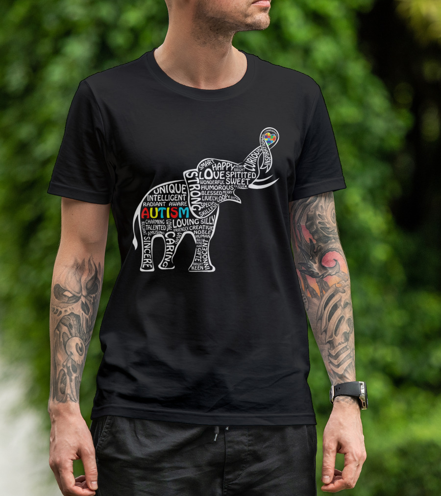 Funny Clever Autism Awareness Elephant Typography T-Shirt