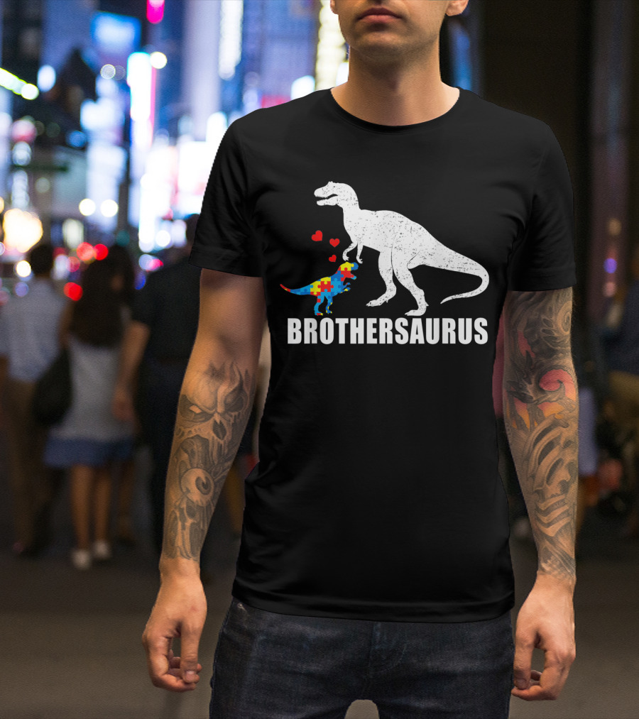 Brothersaurus Dinosaur With Puzzle Pattern For Autism Awareness T-Shirt