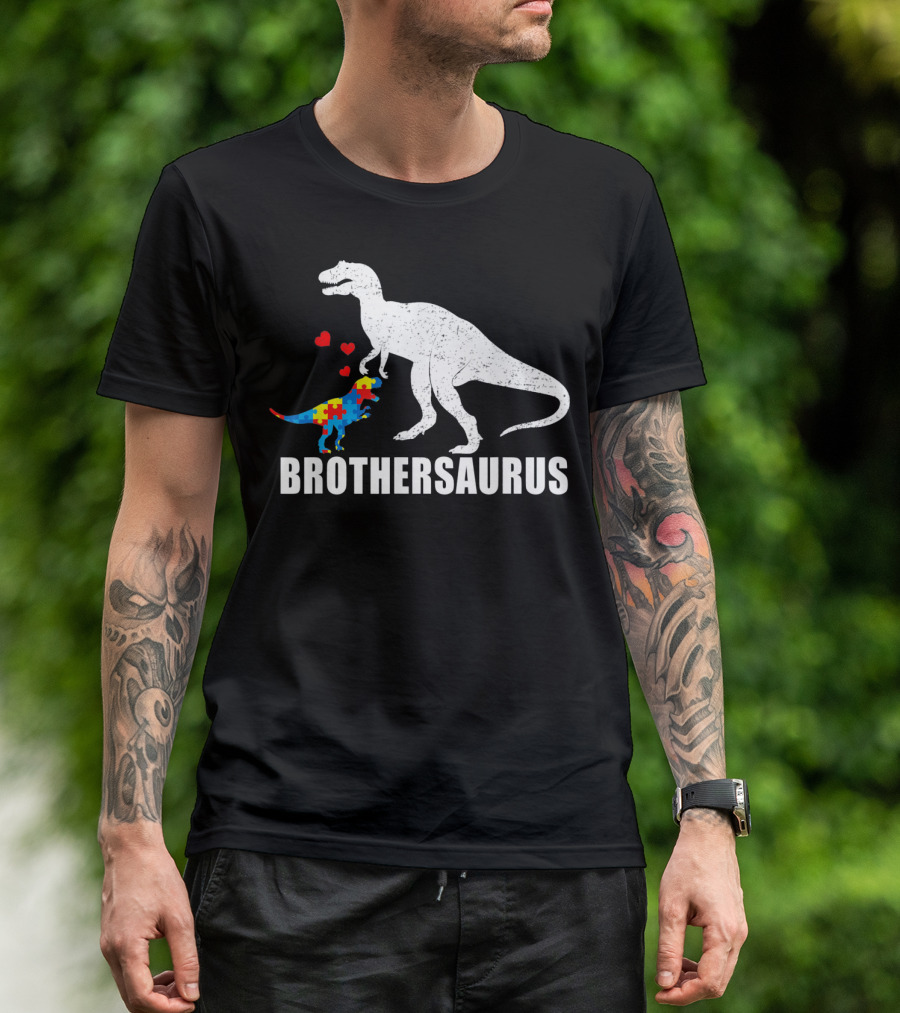 Brothersaurus Dinosaur With Puzzle Pattern For Autism Awareness T-Shirt
