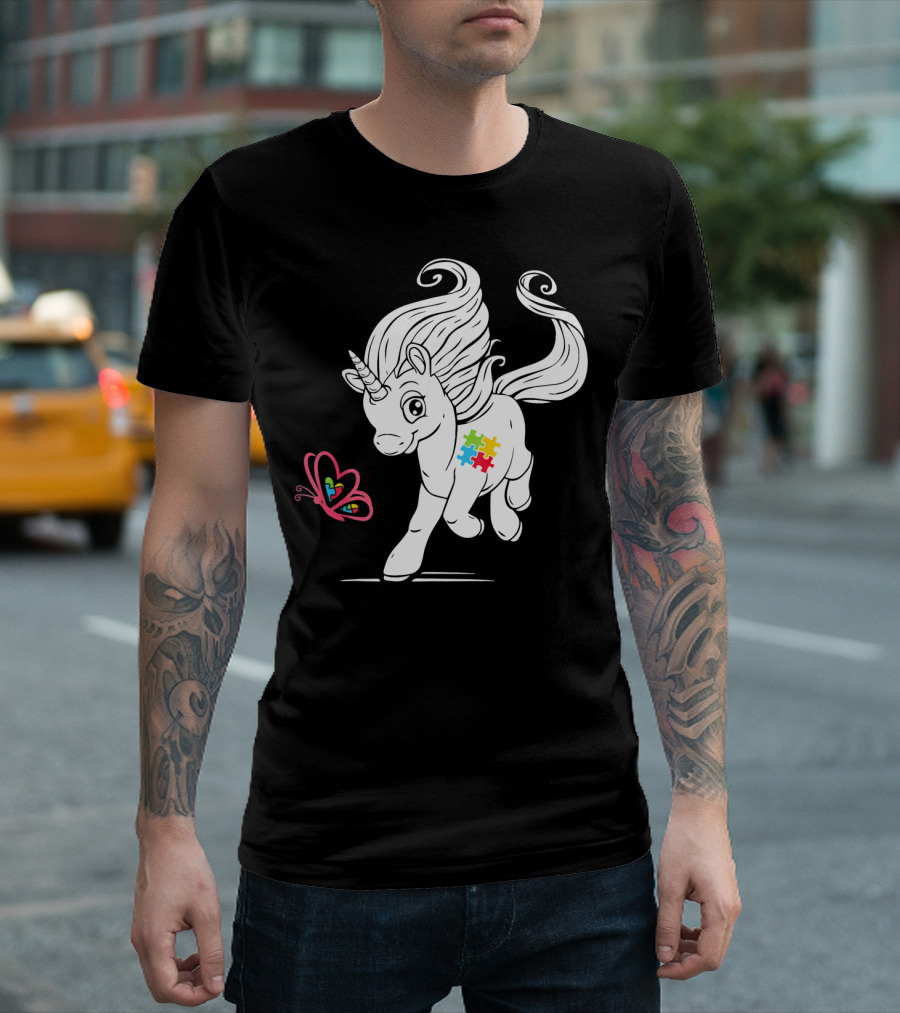 Unicorn Butterfly Autism Puzzle Awareness T-Shirt