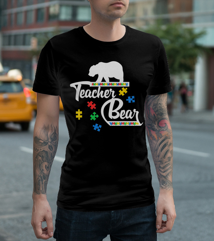 Teacher Bear Autism Awareness Puzzle Pieces T-Shirt