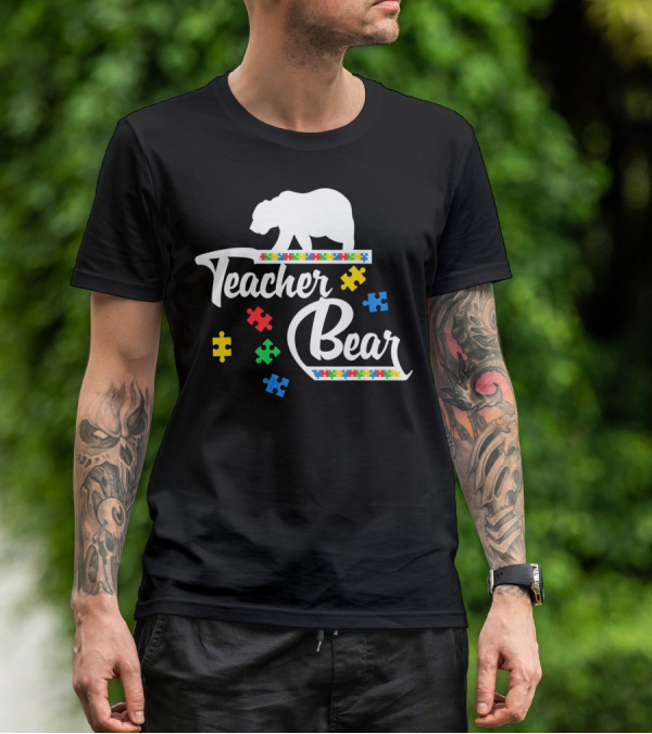 Teacher Bear Autism Awareness Puzzle Pieces T-Shirt