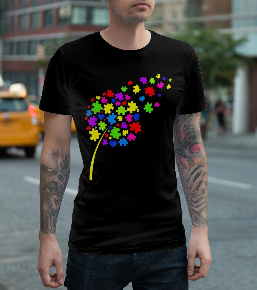 Dandelion Puzzle Pieces Multicolor Autism Awareness T-Shirt