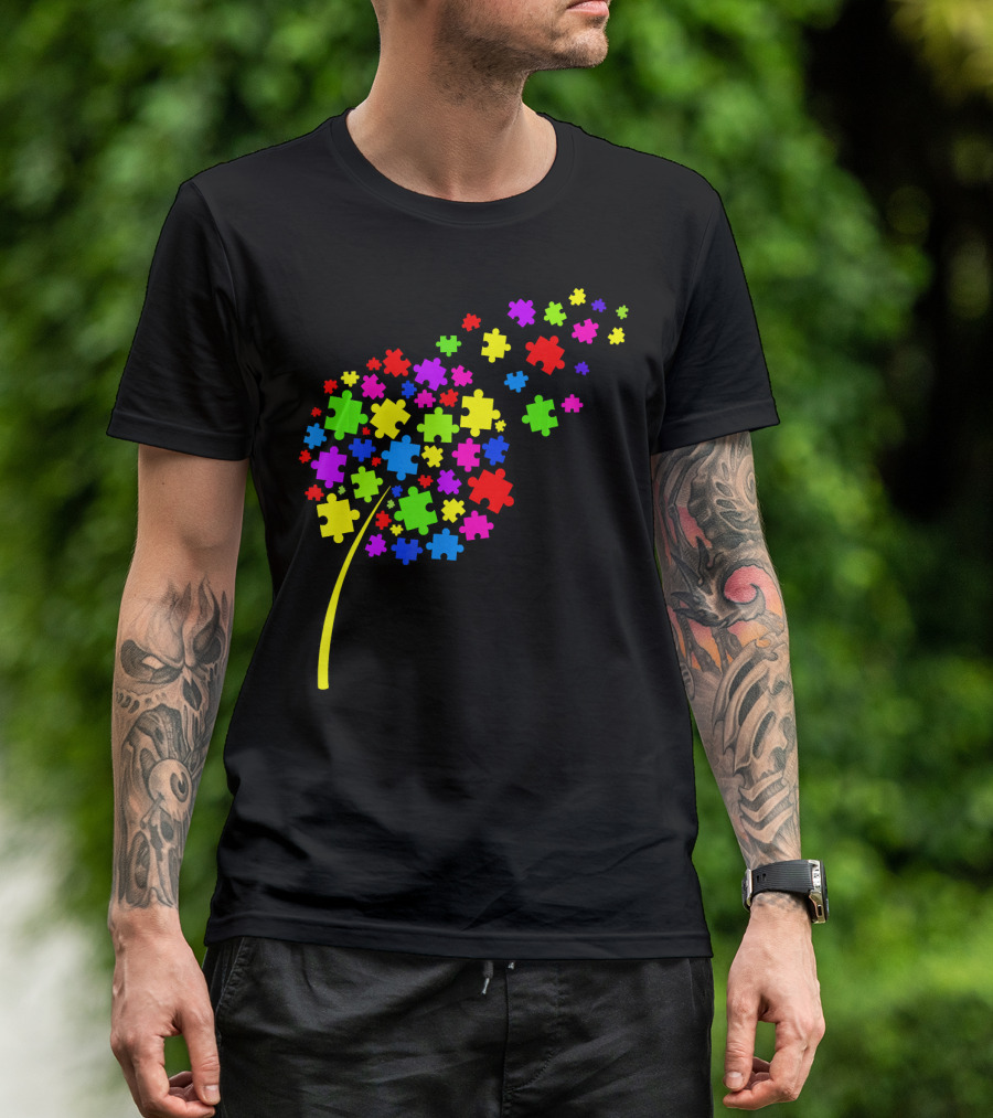 Dandelion Puzzle Pieces Multicolor Autism Awareness T-Shirt