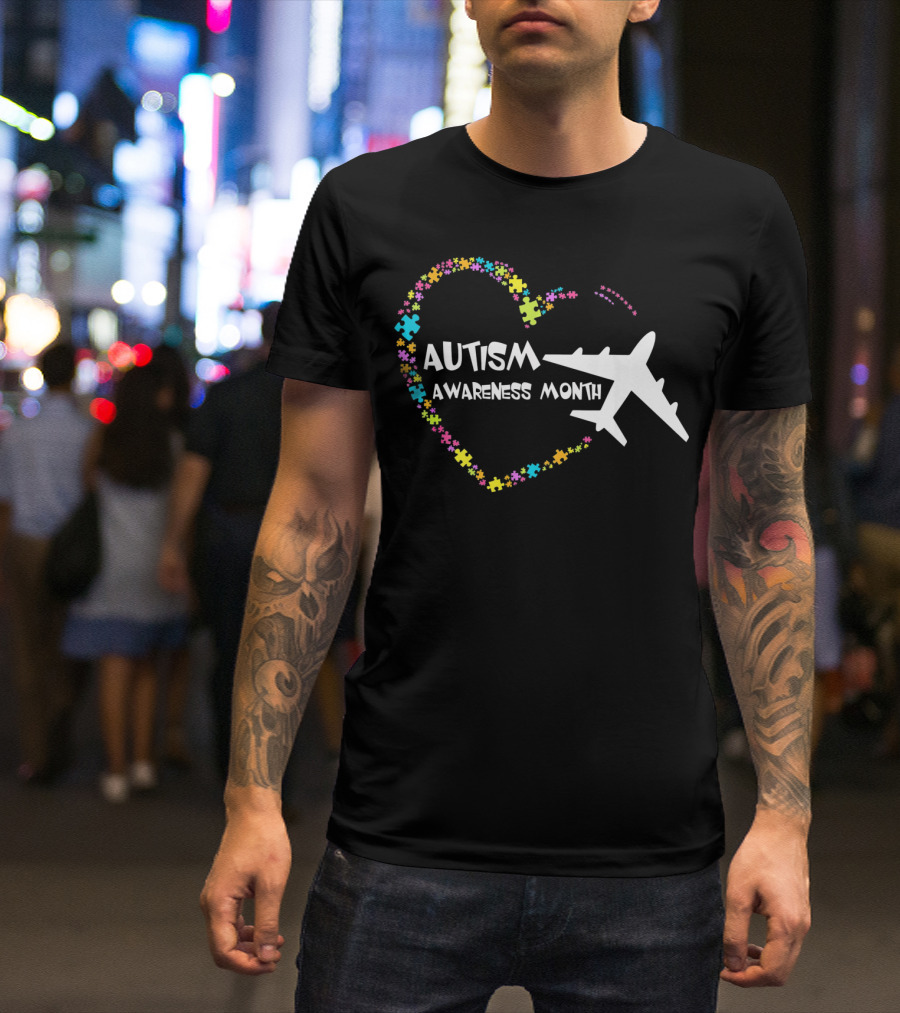 Autism Awareness Month Heart Puzzle With Airplane T-Shirt
