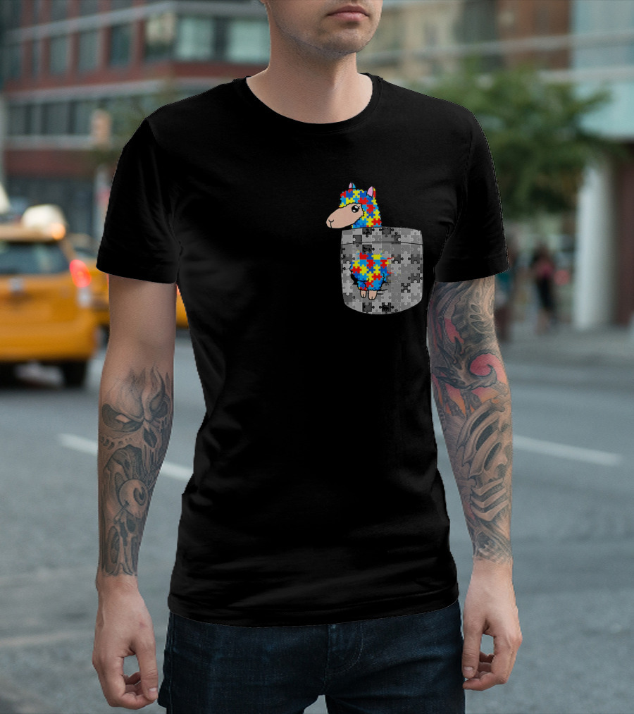 Funny Puzzle Pocket Llama Autism Awareness T-Shirt