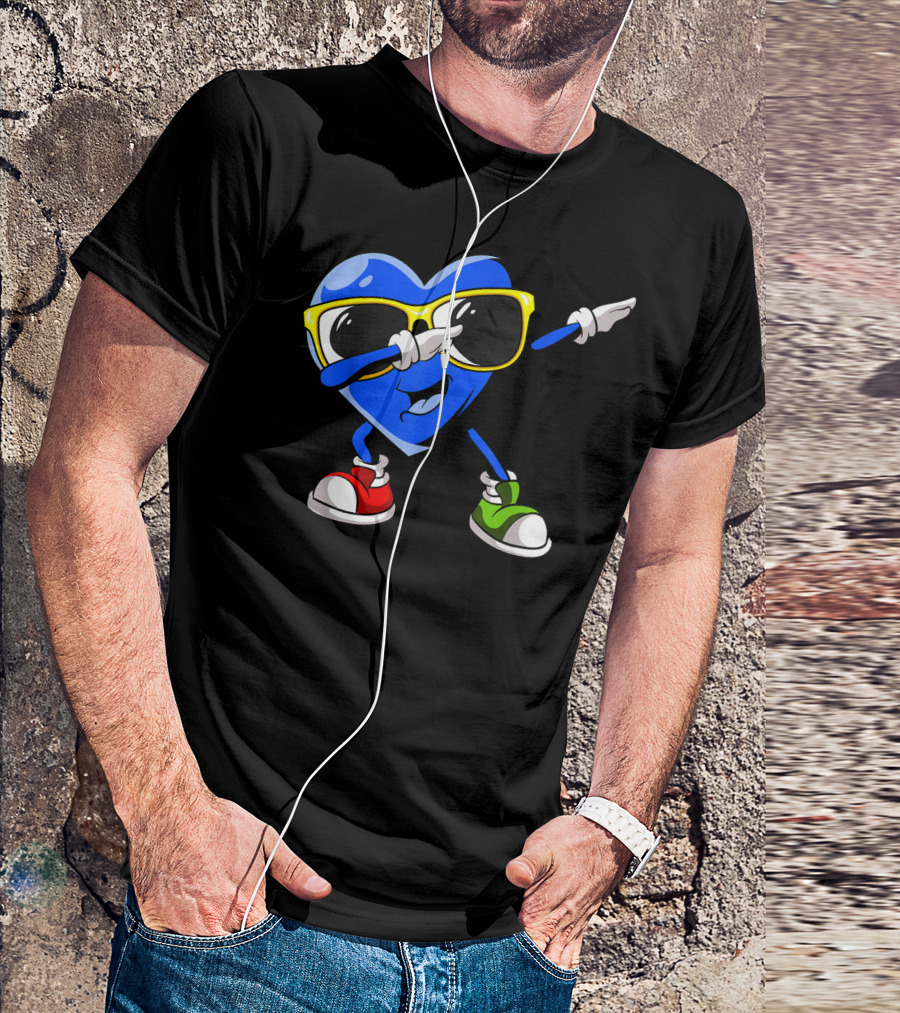 Autism Awareness Dabbing Blue Heart With Sunglasses In Red And Green Sneakers T-Shirt