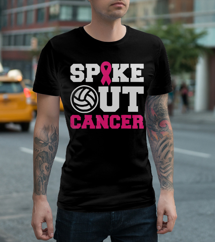 Volleyball Spike Out Cancer Pink Ribbon Breast Cancer Awareness T-Shirt