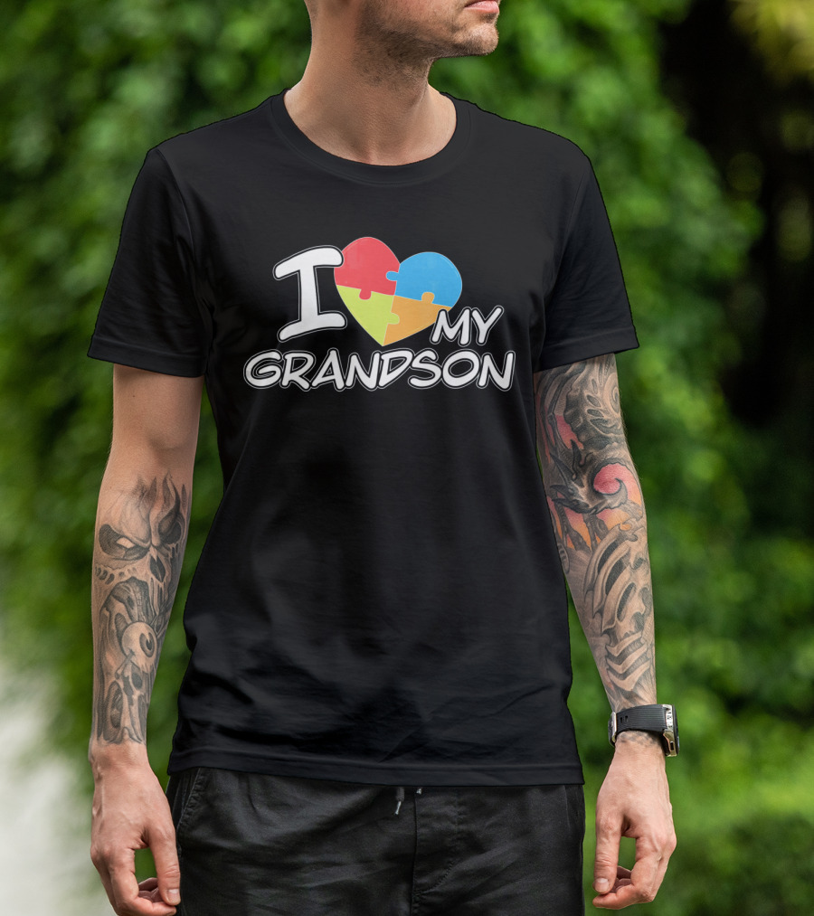 I Love My Grandson Puzzle Heart Autism Awareness T-Shirt