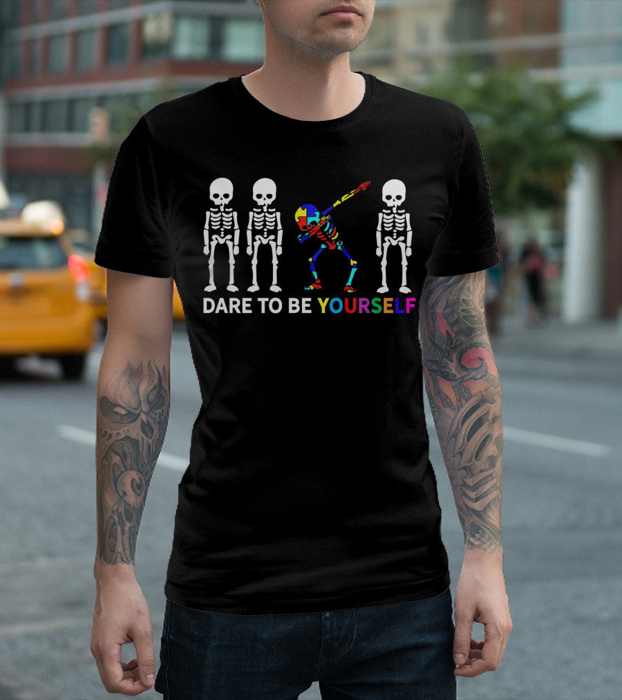 Skeleton Dabbing Dare to Be Yourself Autism Awareness T-Shirt