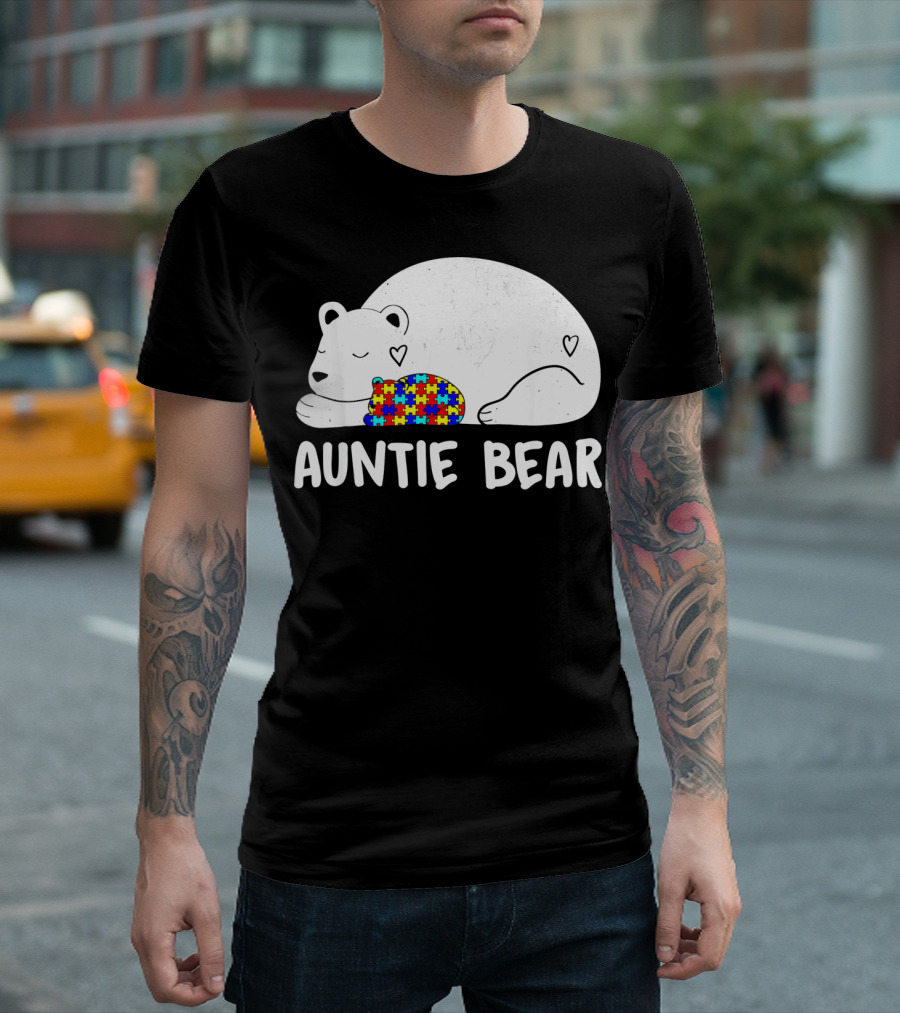 Auntie Bear Autism Awareness Puzzle Heart T-Shirt
