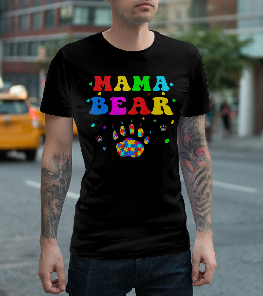 Mama Bear Autism Awareness Paw Puzzle Pieces T-Shirt