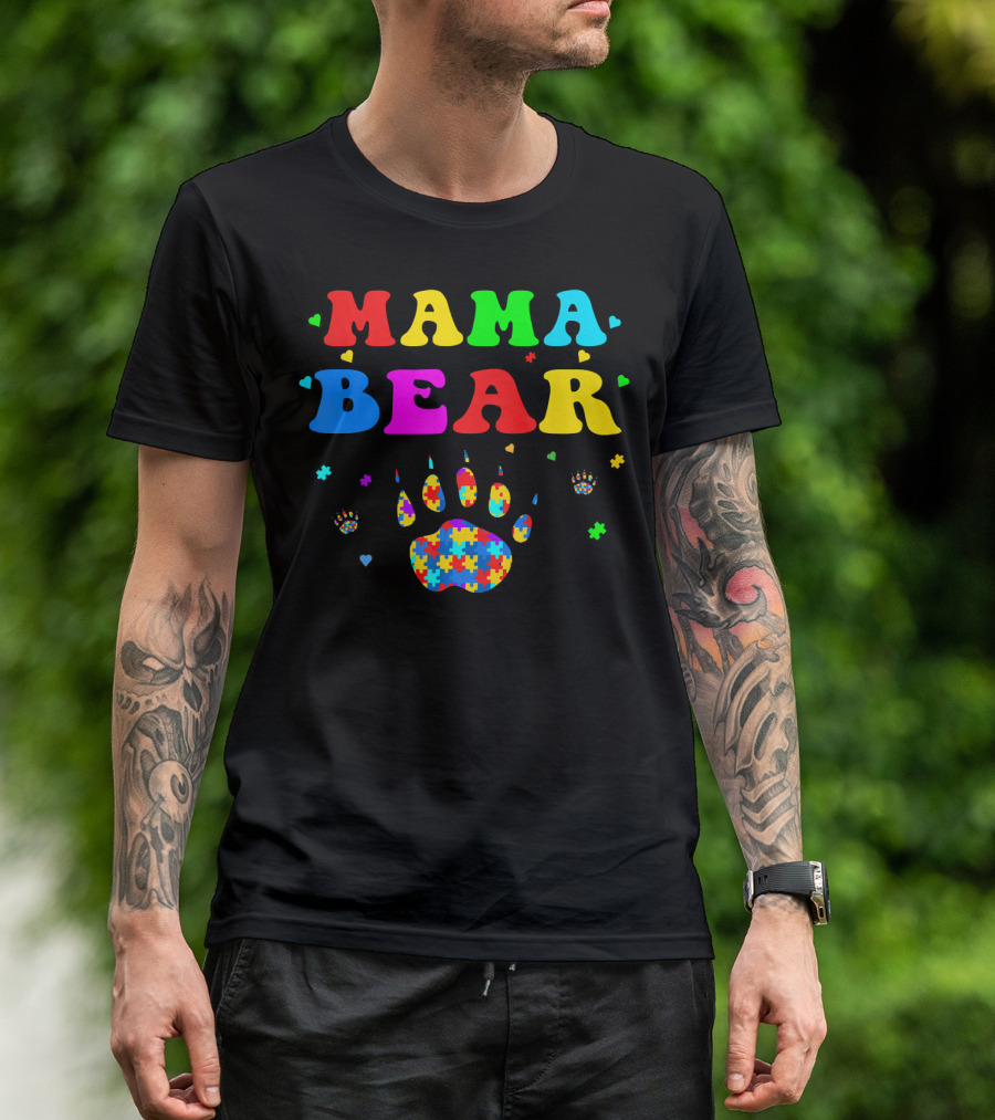 Mama Bear Autism Awareness Paw Puzzle Pieces T-Shirt