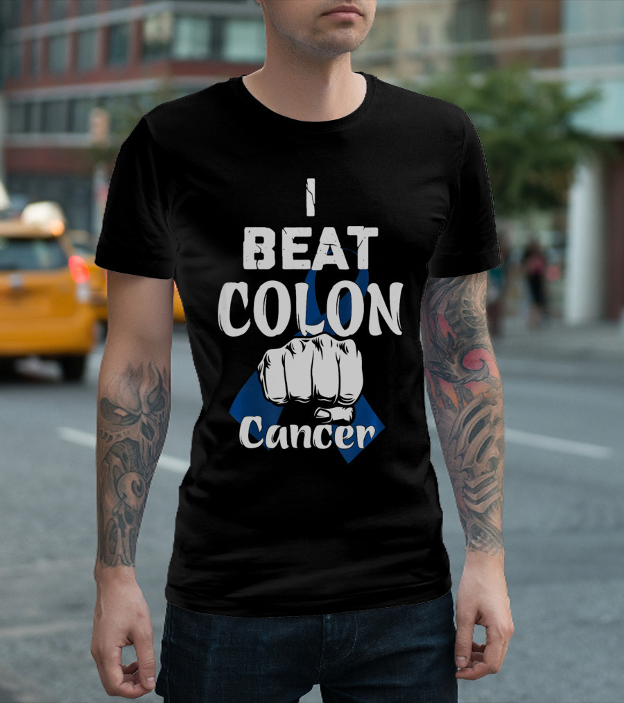 I Beat Colon Cancer Fist Blue T-Shirt