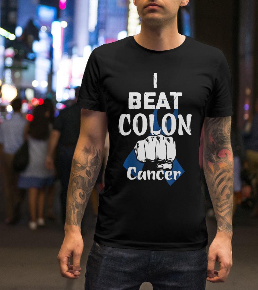 I Beat Colon Cancer Fist Blue T-Shirt