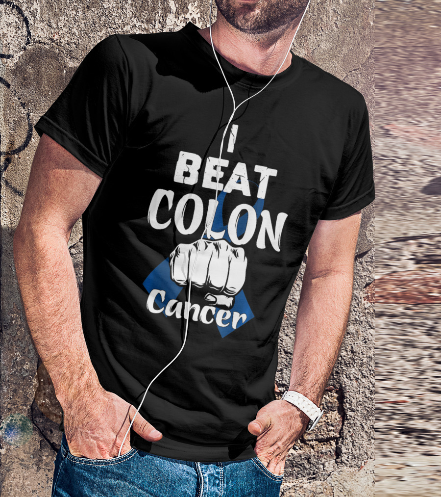 I Beat Colon Cancer Fist Blue T-Shirt