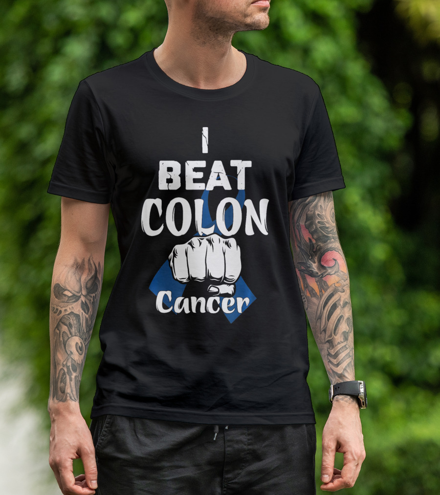 I Beat Colon Cancer Fist Blue T-Shirt