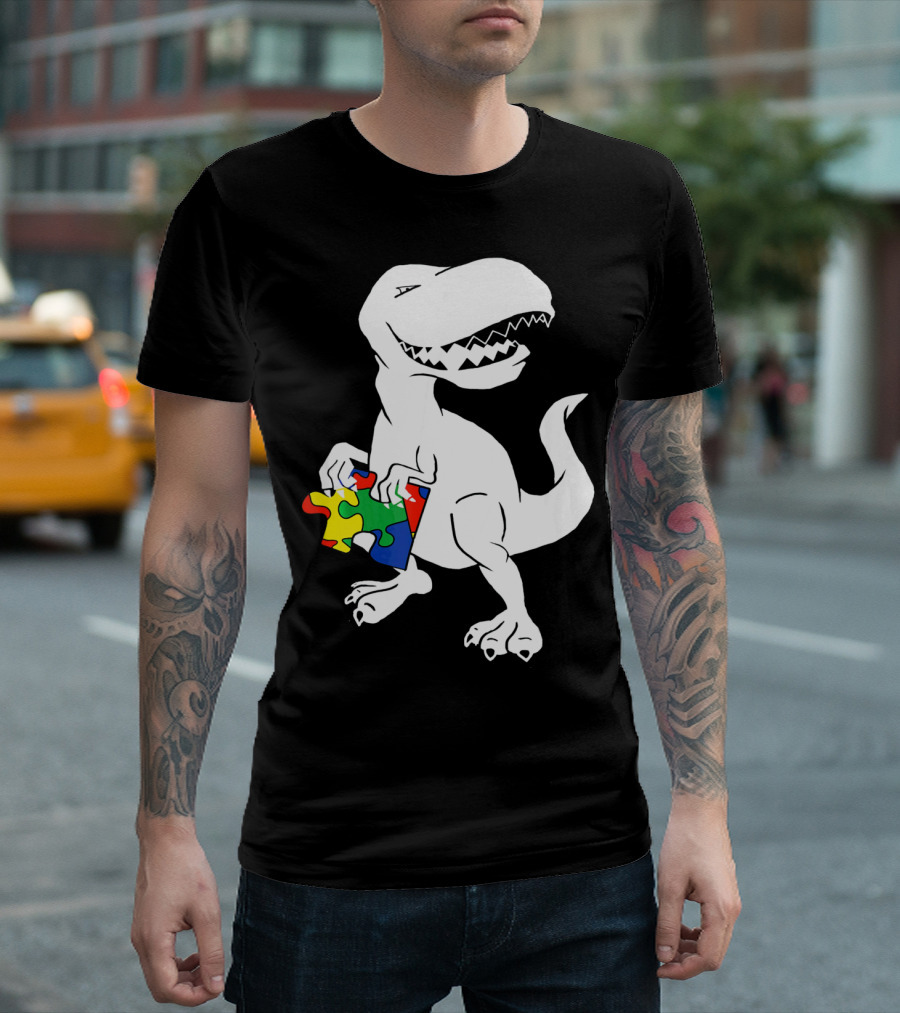 Dinosaur Holding Autism Puzzle Piece Awareness for Tyra T-Shirt