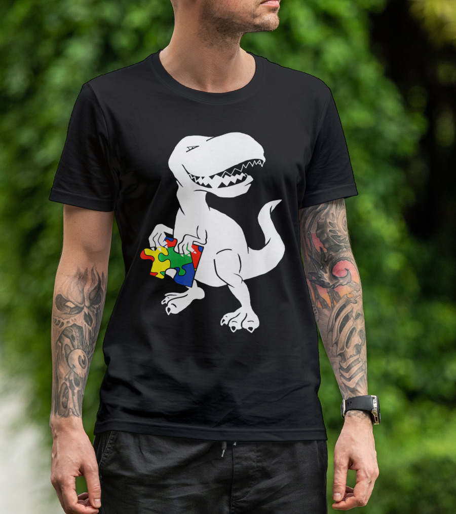 Dinosaur Holding Autism Puzzle Piece Awareness For Tyra T-Shirt