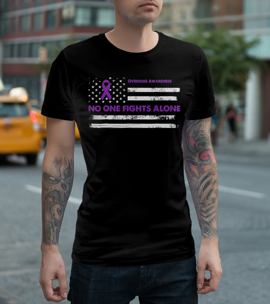 Overdose Awareness Purple Ribbon No One Fights Alone Flag T-Shirt