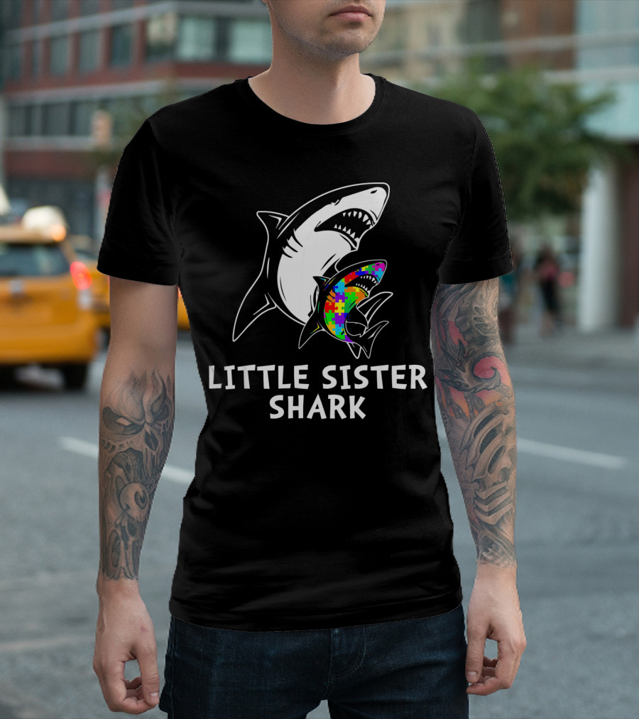 Little Sister Shark Autism Puzzle Awareness T-Shirt