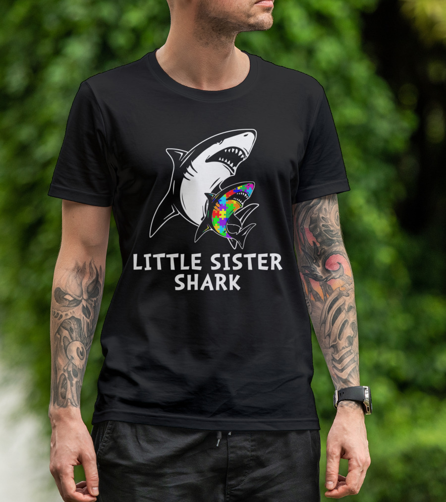 Little Sister Shark Autism Puzzle Awareness T-Shirt