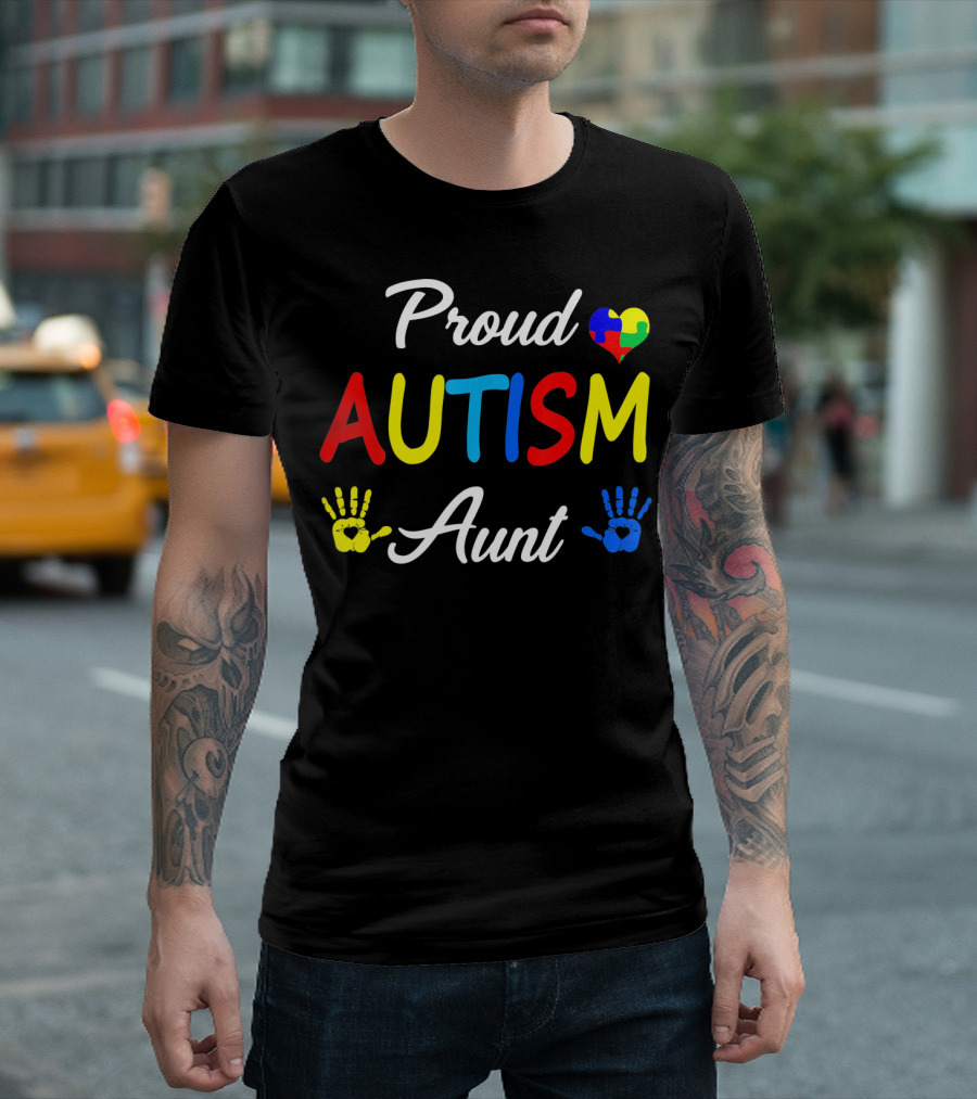 Proud Aunt Autism Awareness Family Handprint Heart Puzzle T-Shirt