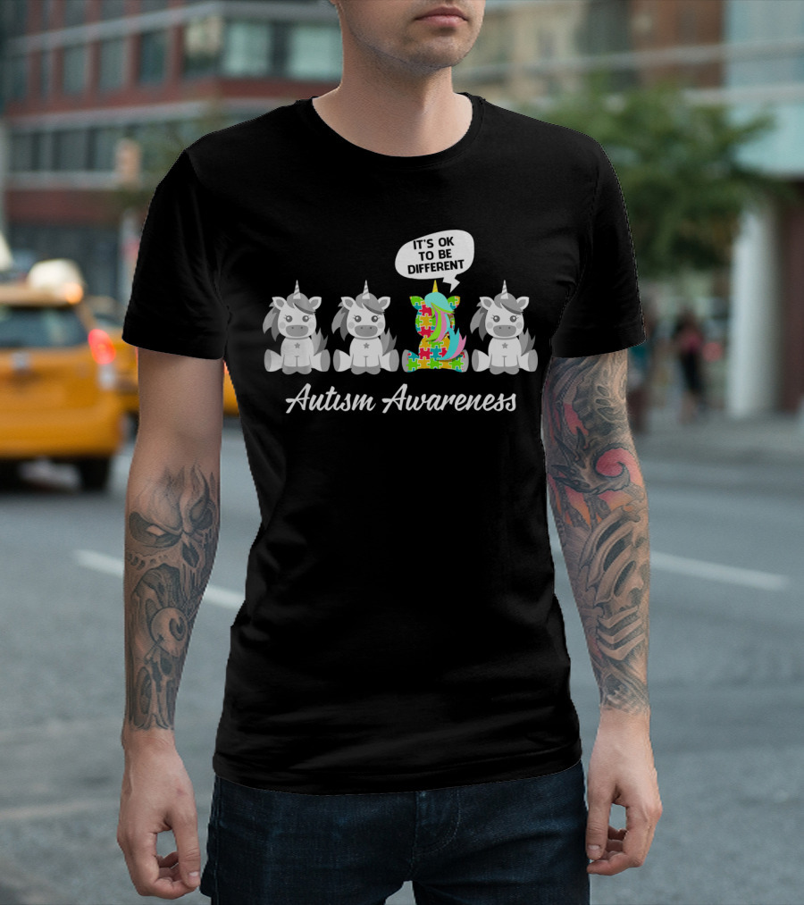 Autism Awareness Unicorn It's OK To Be Different With Puzzle Piece T-Shirt