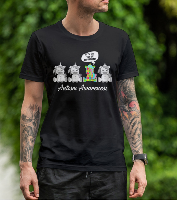 Autism Awareness Unicorn It's OK To Be Different With Puzzle Piece T-Shirt
