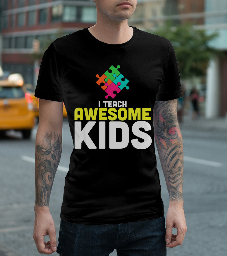 I Teach Awesome Kids Autism Awareness Teacher Puzzle T-Shirt