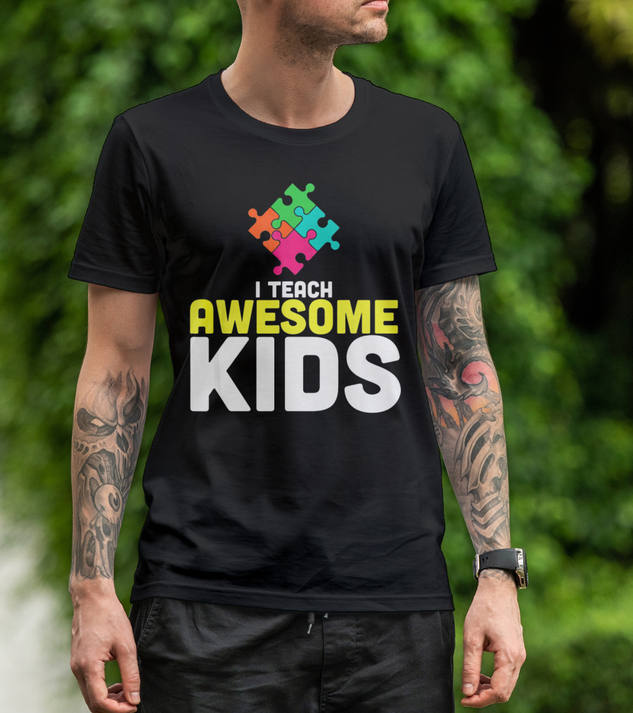 I Teach Awesome Kids Autism Awareness Teacher Puzzle T-Shirt