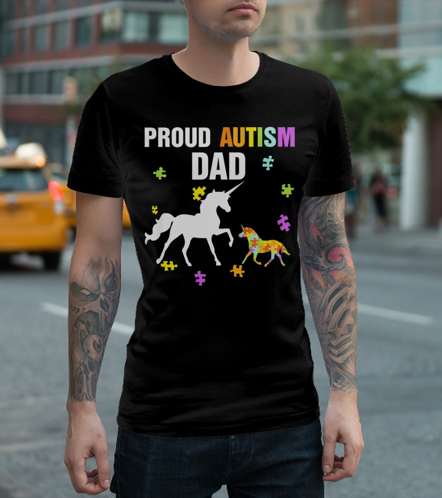 Proud Autism Dad Unicorn Puzzle Autism Awareness T-Shirt