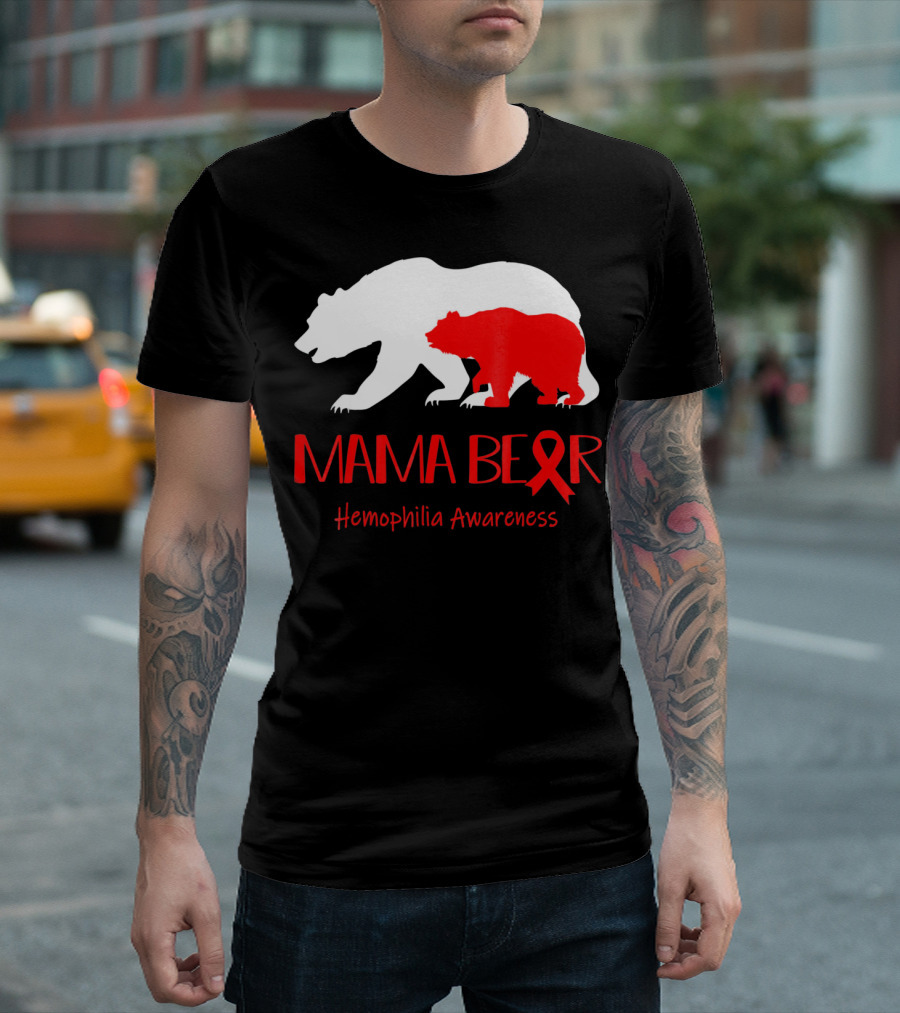 Mama Bear Hemophilia Awareness Red Ribbon Bears T-Shirt