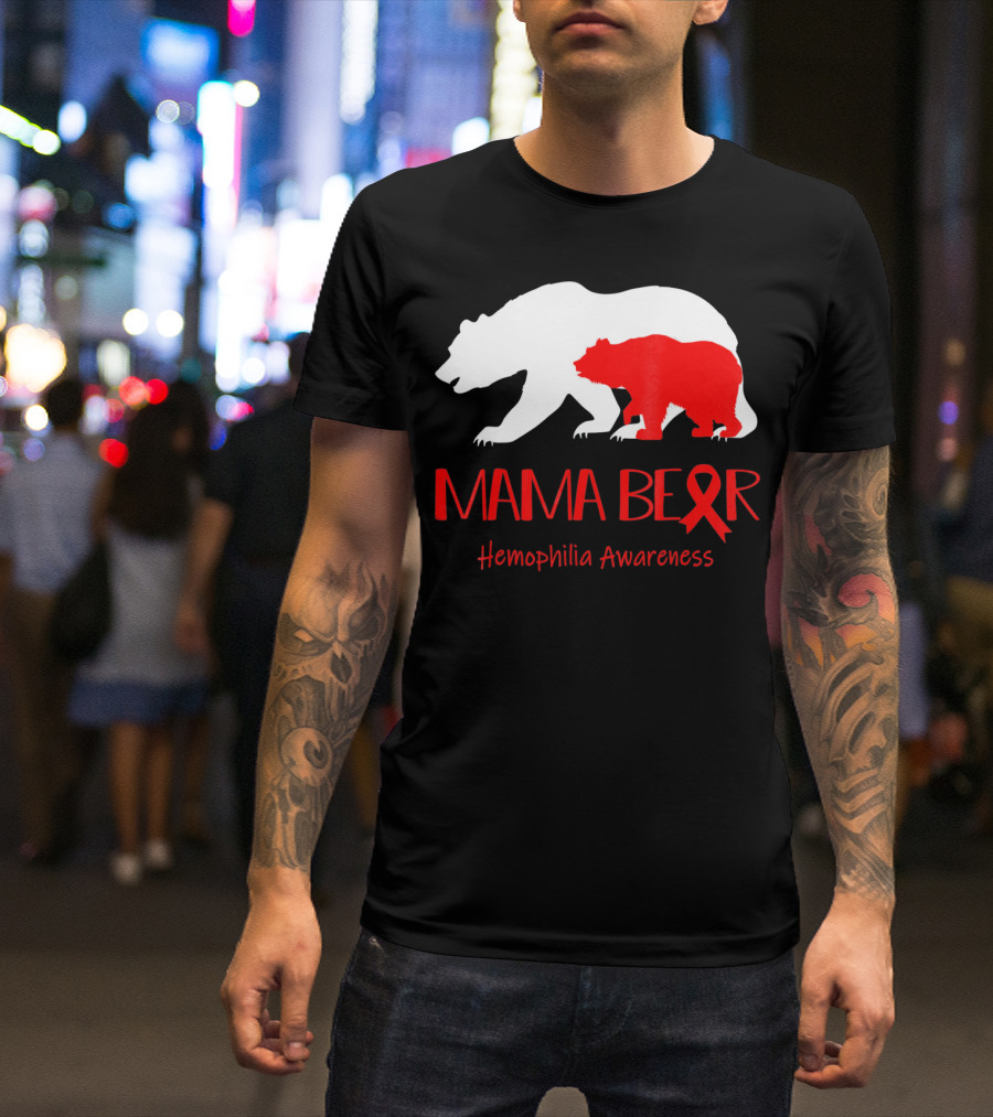 Mama Bear Hemophilia Awareness Red Ribbon Bears T-Shirt