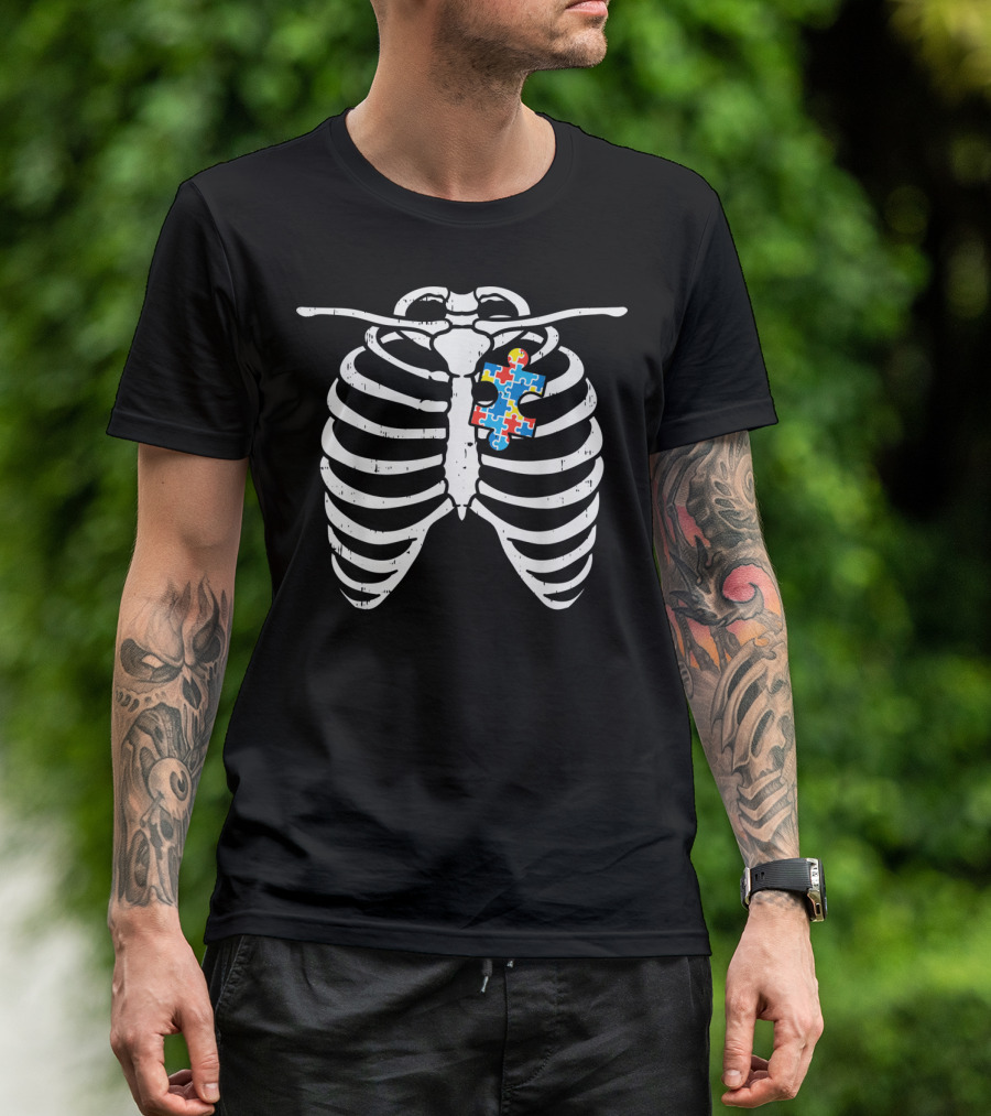Autism Awareness Puzzle Piece Skeleton Ribcage X-Ray T-Shirt